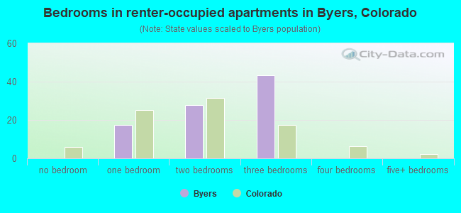 Bedrooms in renter-occupied apartments in Byers, Colorado