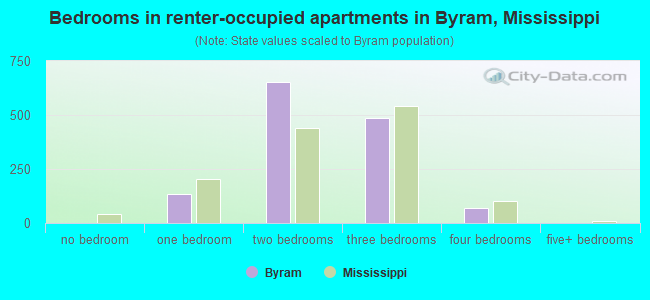 Bedrooms in renter-occupied apartments in Byram, Mississippi