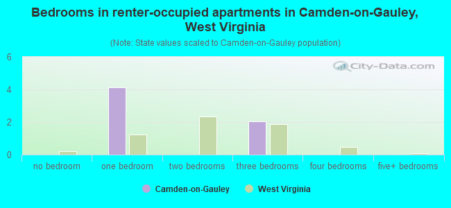 Bedrooms in renter-occupied apartments in Camden-on-Gauley, West Virginia
