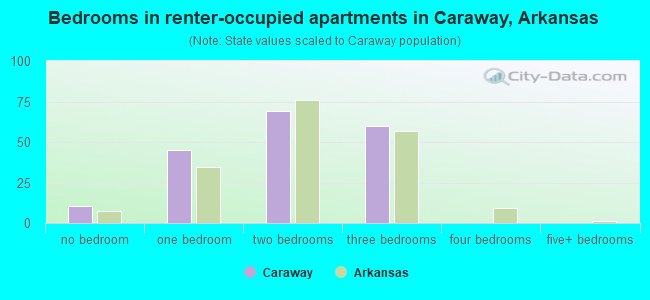 Bedrooms in renter-occupied apartments in Caraway, Arkansas