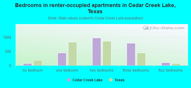 Bedrooms in renter-occupied apartments in Cedar Creek Lake, Texas