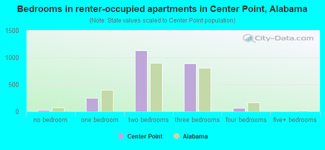 Bedrooms in renter-occupied apartments in Center Point, Alabama