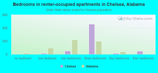 Bedrooms in renter-occupied apartments in Chelsea, Alabama