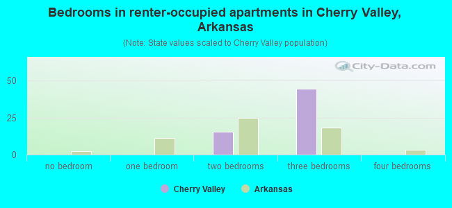 Bedrooms in renter-occupied apartments in Cherry Valley, Arkansas