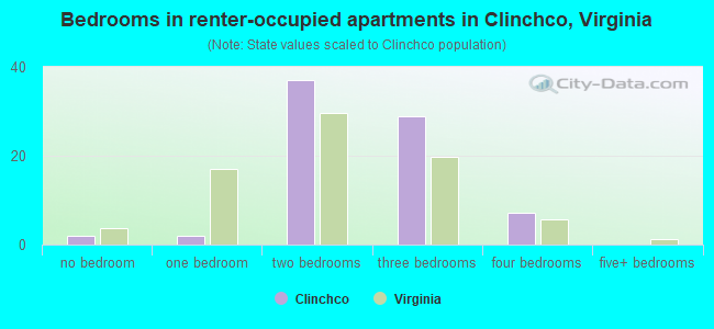 Bedrooms in renter-occupied apartments in Clinchco, Virginia