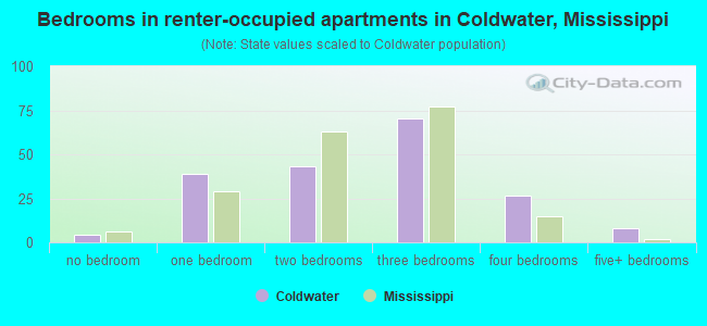 Bedrooms in renter-occupied apartments in Coldwater, Mississippi
