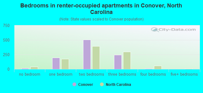 Bedrooms in renter-occupied apartments in Conover, North Carolina