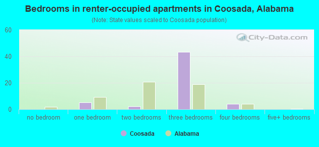 Bedrooms in renter-occupied apartments in Coosada, Alabama