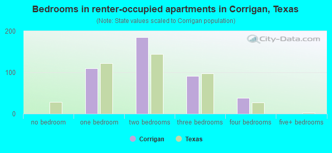Bedrooms in renter-occupied apartments in Corrigan, Texas