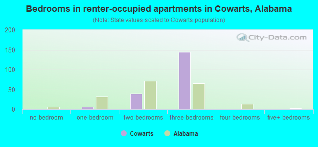 Bedrooms in renter-occupied apartments in Cowarts, Alabama
