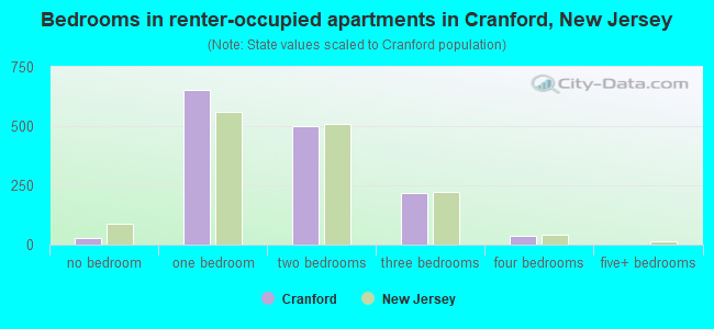 Bedrooms in renter-occupied apartments in Cranford, New Jersey