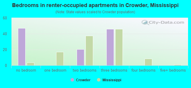 Bedrooms in renter-occupied apartments in Crowder, Mississippi