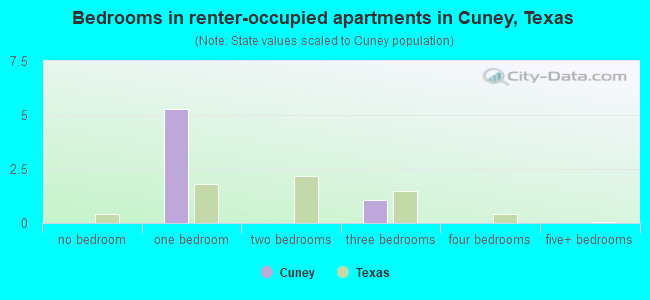 Bedrooms in renter-occupied apartments in Cuney, Texas