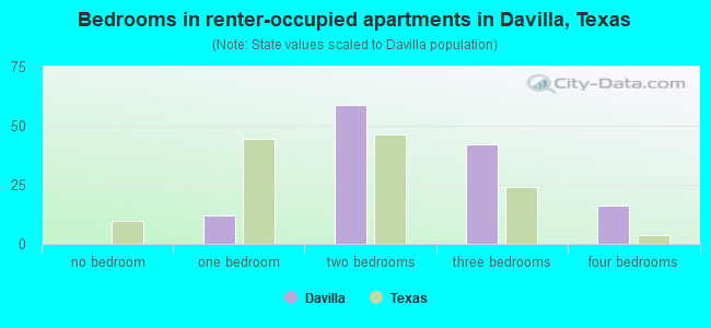 Bedrooms in renter-occupied apartments in Davilla, Texas