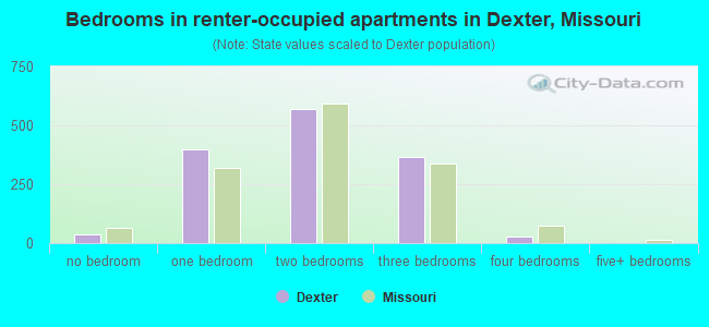 Bedrooms in renter-occupied apartments in Dexter, Missouri