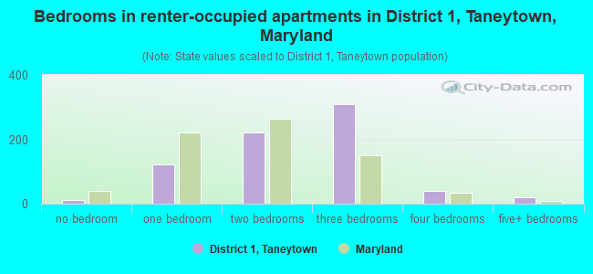 Bedrooms in renter-occupied apartments in District 1, Taneytown, Maryland