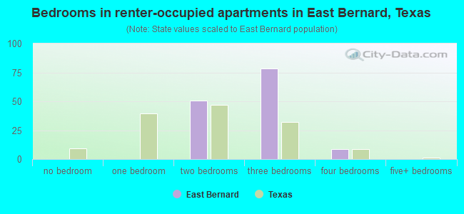 Bedrooms in renter-occupied apartments in East Bernard, Texas