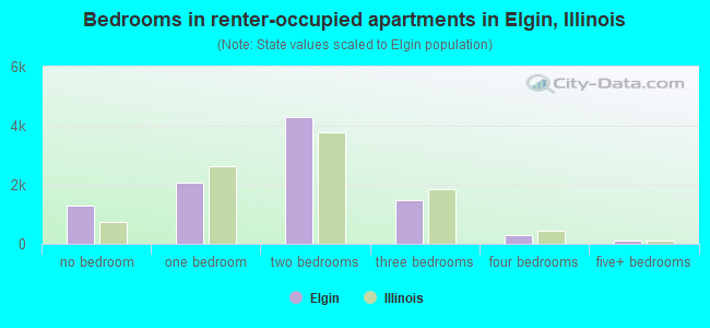 Bedrooms in renter-occupied apartments in Elgin, Illinois
