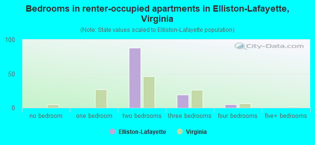 Bedrooms in renter-occupied apartments in Elliston-Lafayette, Virginia