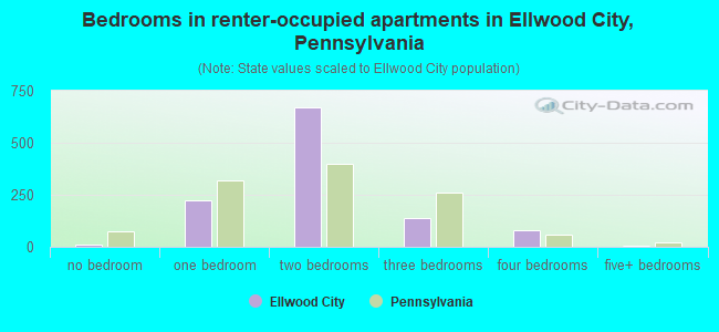 Bedrooms in renter-occupied apartments in Ellwood City, Pennsylvania