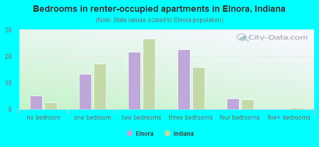 Bedrooms in renter-occupied apartments in Elnora, Indiana