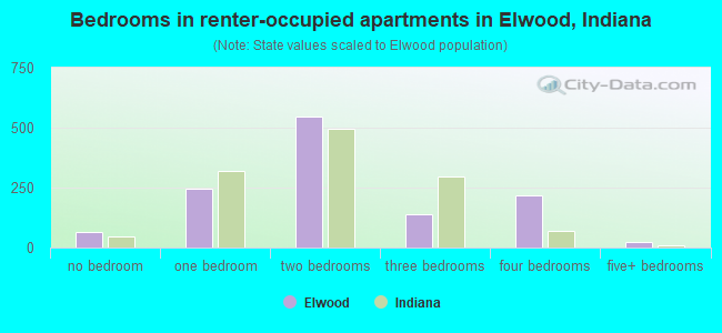 Bedrooms in renter-occupied apartments in Elwood, Indiana