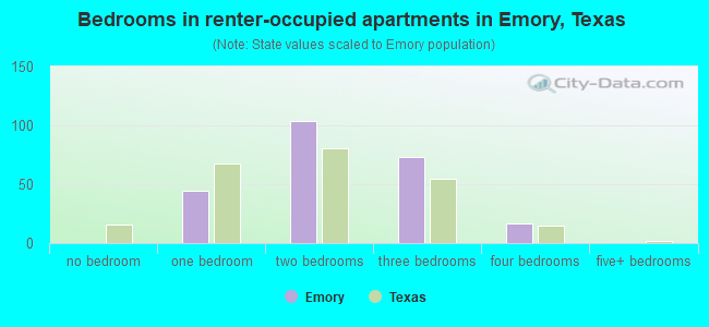 Bedrooms in renter-occupied apartments in Emory, Texas