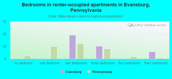 Bedrooms in renter-occupied apartments in Evansburg, Pennsylvania