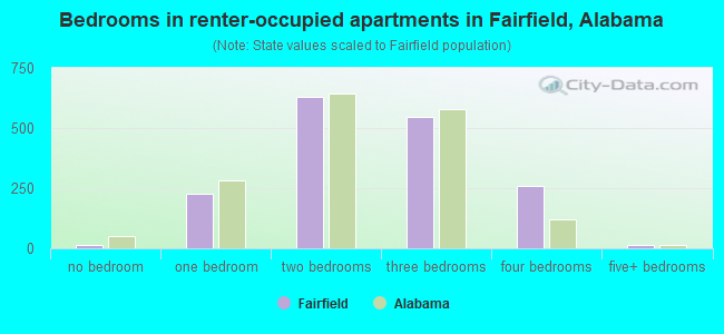 Bedrooms in renter-occupied apartments in Fairfield, Alabama