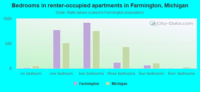 Bedrooms in renter-occupied apartments in Farmington, Michigan