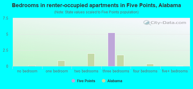 Bedrooms in renter-occupied apartments in Five Points, Alabama
