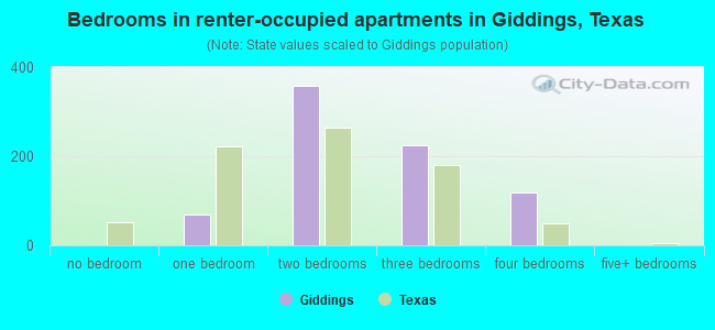 Bedrooms in renter-occupied apartments in Giddings, Texas
