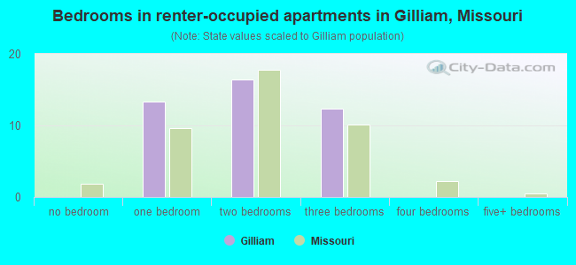 Bedrooms in renter-occupied apartments in Gilliam, Missouri