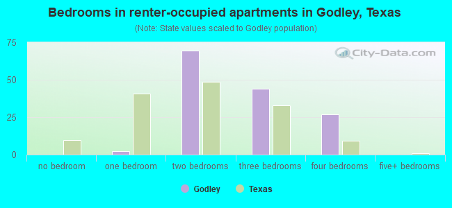 Bedrooms in renter-occupied apartments in Godley, Texas
