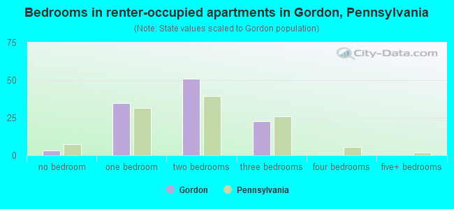 Bedrooms in renter-occupied apartments in Gordon, Pennsylvania