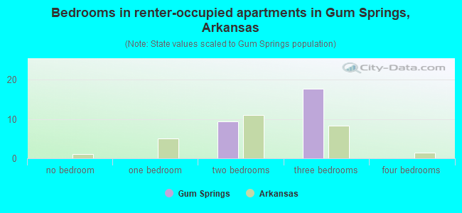 Bedrooms in renter-occupied apartments in Gum Springs, Arkansas