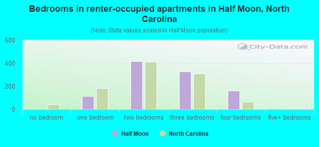 Bedrooms in renter-occupied apartments in Half Moon, North Carolina