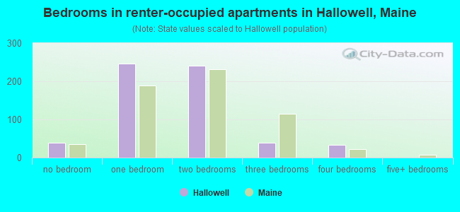 Bedrooms in renter-occupied apartments in Hallowell, Maine