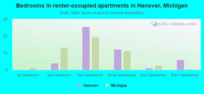 Bedrooms in renter-occupied apartments in Hanover, Michigan