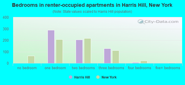 Bedrooms in renter-occupied apartments in Harris Hill, New York