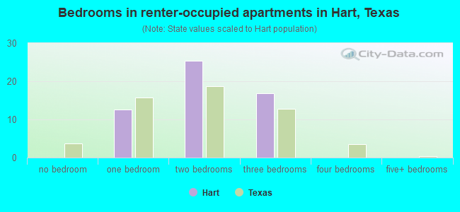 Bedrooms in renter-occupied apartments in Hart, Texas
