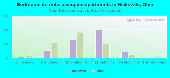 Bedrooms in renter-occupied apartments in Hicksville, Ohio