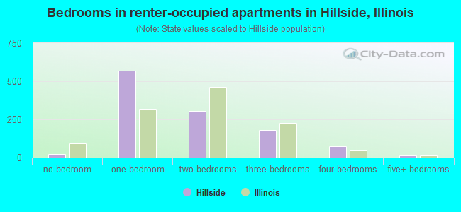 Bedrooms in renter-occupied apartments in Hillside, Illinois