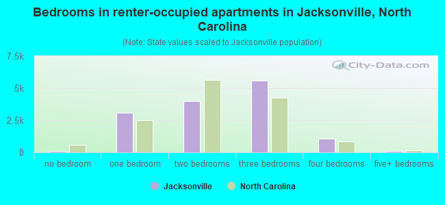 Bedrooms in renter-occupied apartments in Jacksonville, North Carolina