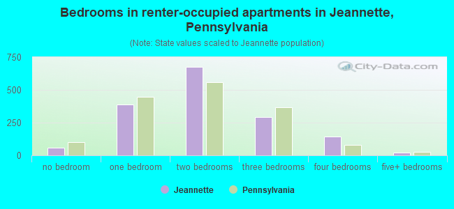 Bedrooms in renter-occupied apartments in Jeannette, Pennsylvania