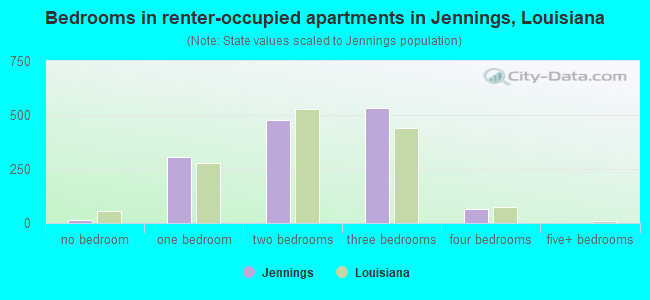 Bedrooms in renter-occupied apartments in Jennings, Louisiana