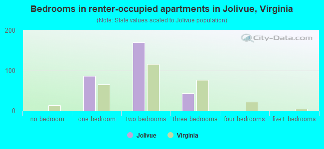 Bedrooms in renter-occupied apartments in Jolivue, Virginia