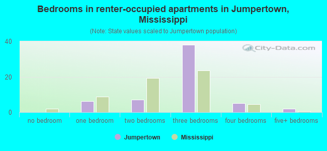 Bedrooms in renter-occupied apartments in Jumpertown, Mississippi