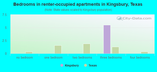 Bedrooms in renter-occupied apartments in Kingsbury, Texas