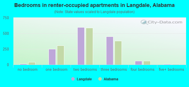 Bedrooms in renter-occupied apartments in Langdale, Alabama